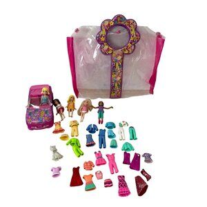Polly Pocket Large Lot With 5 Dolls 30 + Clothes Carry Bag Case Convertible Car